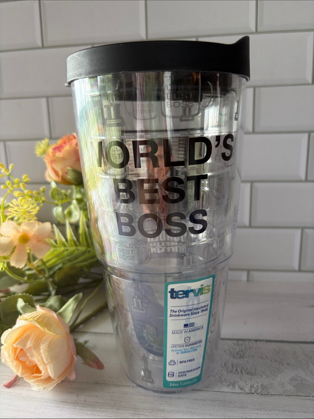 tervis Clear Tumbler with Black Lid and 'WORLD'S BEST BOSS' Text